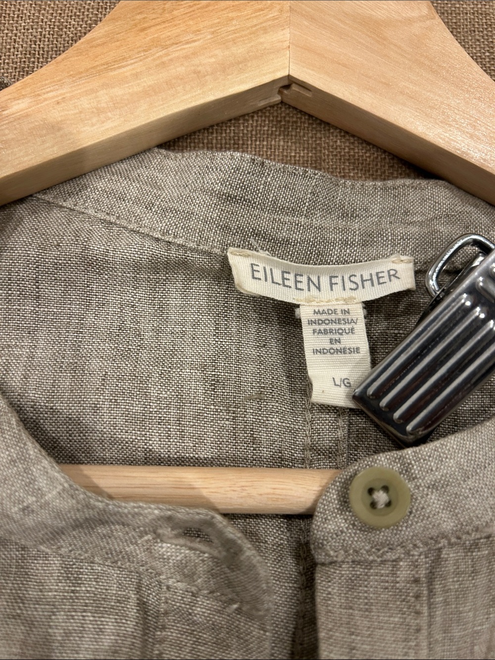 Eileen Fisher Neutral Taupe Linen Button Dress - Picture 3 of 6